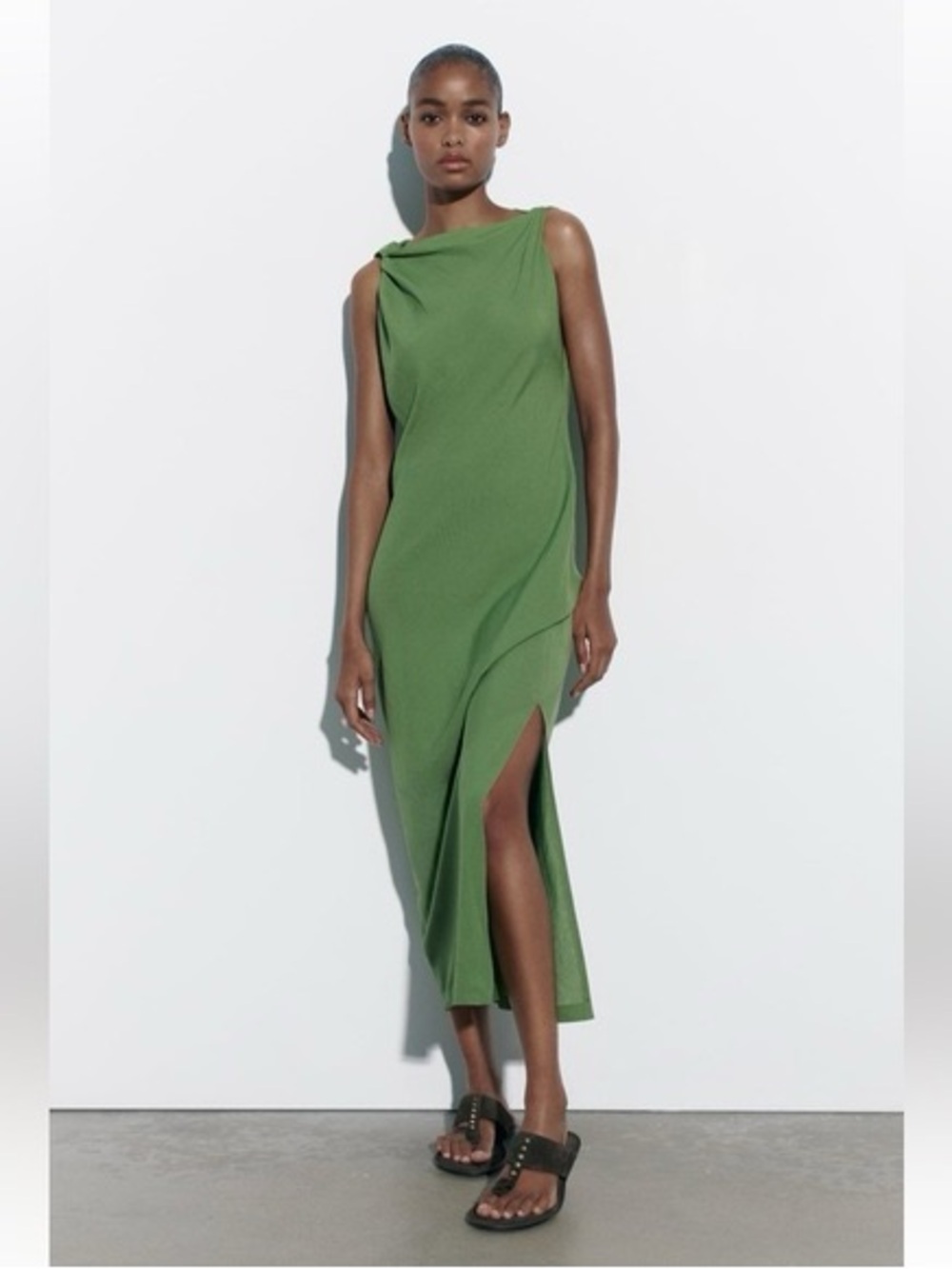Zara Linen Midi Dress | Olive Green